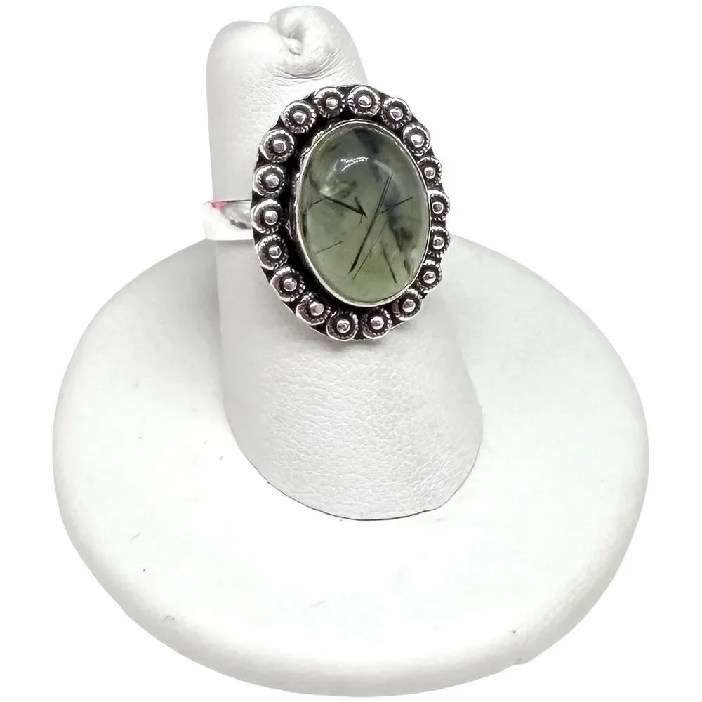 Moss Prehnite Ring Size 6.5 925 Sterling Silver Overlay Natural Stone Green